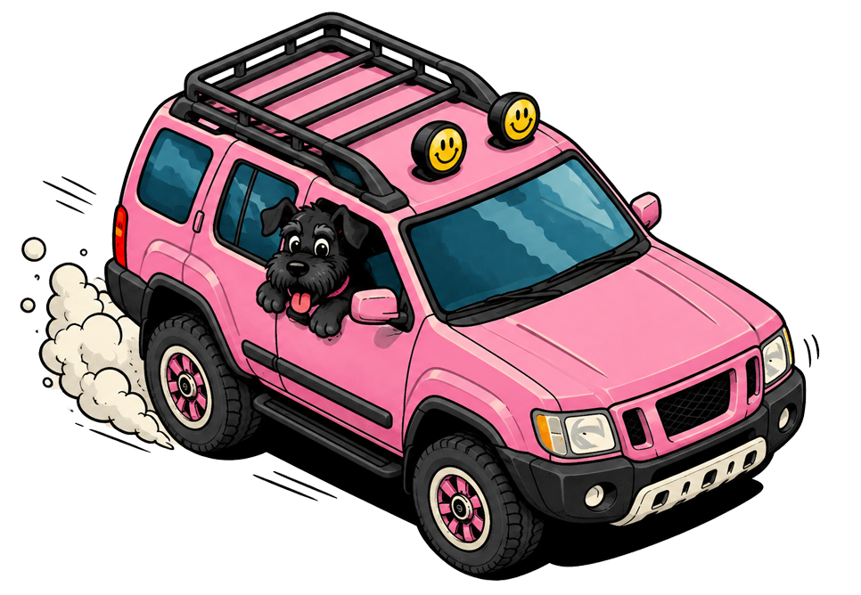 Foam Guys pink off-road SUV with a black schnauzer